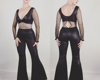DEADSTOCK 1960s Inky Black Wet-Look Bellbottom Hourglass Jumpsuit w/ Fishnet Cutouts by Frederick's of Hollywood - Vixen - XS to M