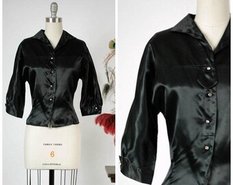 20% OFF - Vintage 1950s Blouse - Gleaming Black Satin 50s Blouse with Three Quarter Length Sleeves and Rhinestone Buttons