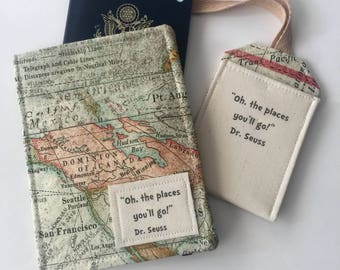 Passport Cover World Map, Luggage tag set "Oh the Places you'll Go" passport case, travel gift for graduate
