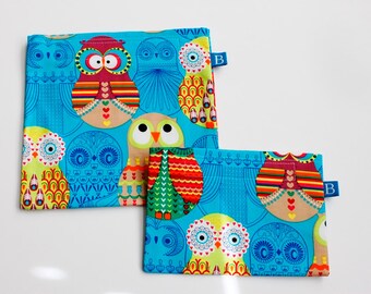 Reuseable Eco-Friendly Set of Snack and Sandwich Bags in Turquoise Owls Fabric