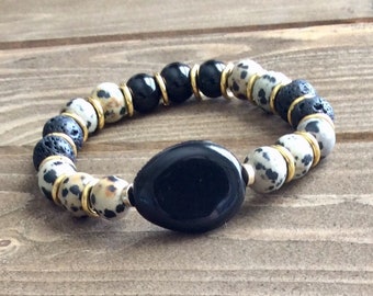 Golden Onyx~ Handmade Beaded Bracelet~ Black Onyx Beaded Bracelet~ Dalmatian Jasper Beaded Bracelet~ Lava Stone~ Leopard Print Bracelet