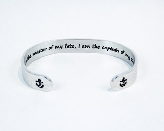 Encouragement / Awareness / Courage / Graduation "I am the master of my fate, I am the captain of my soul" 3/8" hidden message cuff bracelet