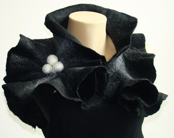 Felted Wool Scarf-Neckpiece-Collar. Black Gray & White shibori scarf. Wrap scarf For her.