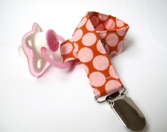 Red and Pink Pacifier Clip - Amy Butler - Full Moon Polka Dots in Camel