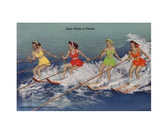 Digital Download, Old Florida, Vintage Postcard, Cypress Gardens, Water Ski, Winter Haven, Women Water Skiers, Aqua Maids, Instant Printable