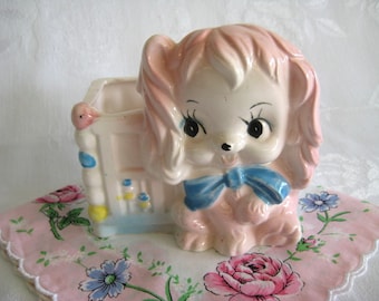 Vintage PINK DOG PLANTER Nursery Pottery Rare