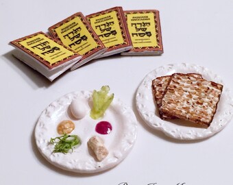 Dollhouse Miniature Food - Miniature Jewish polymer clay full passover set (seder plate, matzah and haggadah)