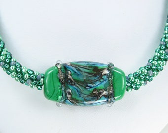 Beaded Kumihimo Necklace with Lampwork Tab Focal Emerald Green