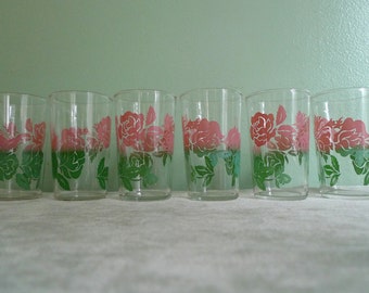 Vintage Set of Six Federal Glass Co Juice Drinking Glasses - Pink and Green Kitchen Rose Floral