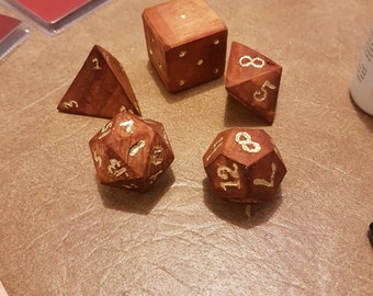Hand carved wooden polyhedral dice for D&D 7 set
