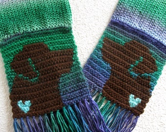 Labrador Retriever Scarf. Colorful stripes knit and crochet scarf with chocolate labs and small hearts. Labrador gift