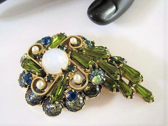 Juliana Green Brooch, Art Glass Stones, Layered Opal Center, Peridot Dramatic Stones, Gold Scroll Work