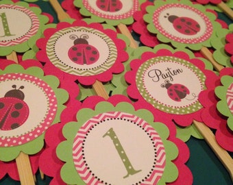 Ladybug Collection: Cupcake Toppers, Set of 12. Hot pink and lime green. Lady Bugs. Personalized. Polka Dots. Chevron.