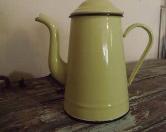 French Vintage Enamel Yellow Coffee Pot. Cafetière, retro, kitchenware