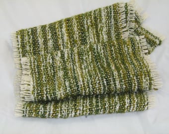 Green and ecru hand woven scarf