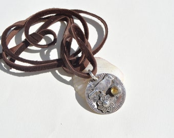 Citrine Sterling Silver Necklace . Flowers .Bird. Hand Forged . Sterling Necklace.Rustic. Necklace.