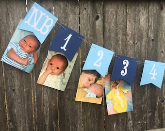12 month photo banner, 1st birthday photo banner, first year banner, boy birthday banner, blue 1st birthday