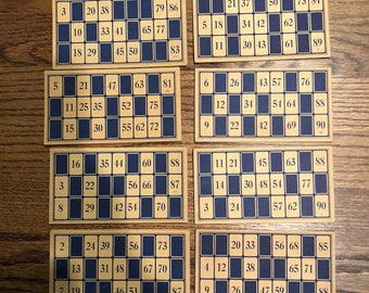 Vintage Blue Lotto Game Cards with Numbers Set of 8