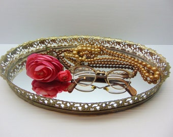 Vintage Dresser Mirror Tray, Gold Filigree Tray
