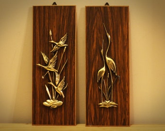 Wood Panel/Gold Bird Wall Art Set