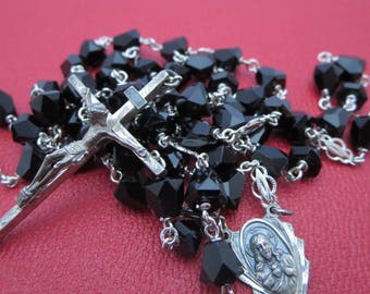 NECKLACE ROSARY, Prayer beads, Gloria, Catholic rosary, Gothic, Religious Jewelry, Crystal, Sterling, black, Father's day gift
