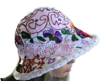Bohemian Art hat-Bohemian summer hat (1) with lots of vintage bits and pieces