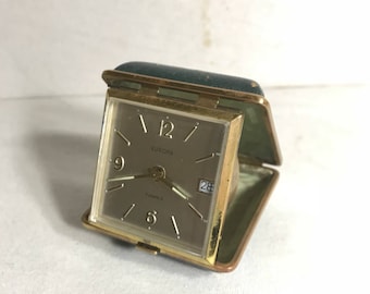 Alarm clock old travel EUROPA 7 Jewels Vintage green leather + brass Metal