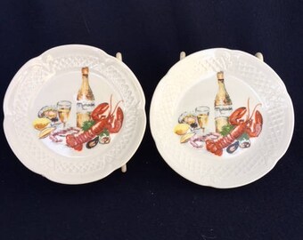 Vintage Philippe Deshoulieres Set of 2 French Canape or Wall Plates - Muscadet and Lobster - Lourioux, Limoges