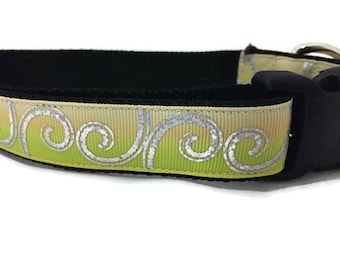 Dog Collar, Yellow Curls, 1 inch wide, adjustable, quick release, metal buckle, chain, martingale, hybrid, nylon