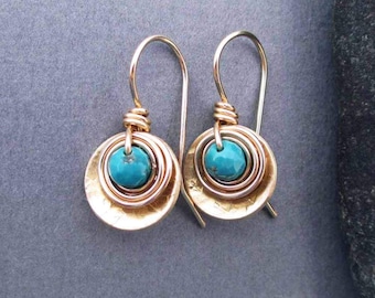 Genuine Turquoise Drop Earrings with Brass and 14k Gold Filled Wire, Small Earrings Artisan Modern Everyday Jewelry December Birthstone