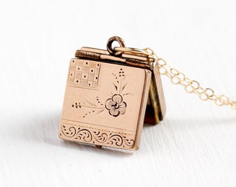 Antique Victorian Locket - Vintage Necklace Late 1800s 12k Rosy Yellow Gold Filled Fob - Etched Flower Square Floral Photo Pendant Jewelry
