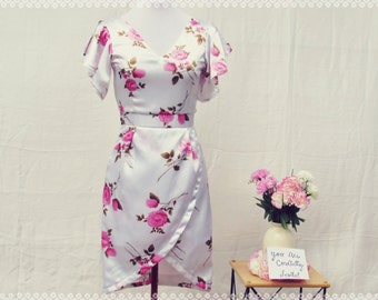 Pink and White Floral Ruffle Sleeves Tulip Dress - Semi-Formal Floral Dress, Bridal Shower Dress, Size Extra Small/Small