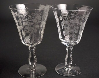 Fostoria Heather Etched Low Water Glasses, Two Vintage Etched Crystal Goblets, Large Wine Glass