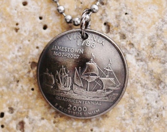 State Quarter Virginia Coin Necklace, 2000, Quarter Dollar Coin, Coin Pendant by Hendywood
