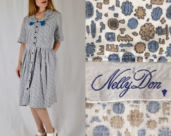 L/XL 1950s Nelly Don Novelty Print Cotton Shirtwaist Dress