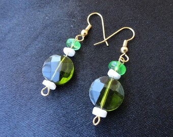 Simple, Elegant Emerald Glass and White Shell Dangle Earrings