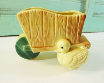 Vintage Duck and Wheelbarrow Planter Royal Copley Green and Yellow Planter