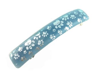 French Hair Barrette, Blue with Silver Paw Prints, Dichroic Glass, Extra Large Clip