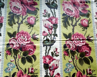 Floral Chintz Fabric Cabbage Roses Signed Pink Green Yellow Polished Cotton Screen Print VAT BTY 36" W DIY Preshrunk Seamstress Vintage