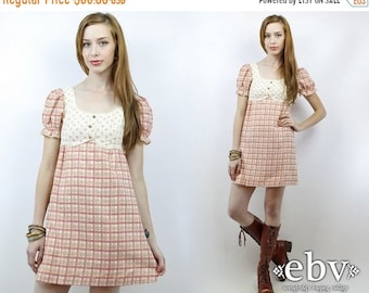 Babydoll Dress Dolly Dress Vintage 70s Pink Plaid Floral Puff Sleeve Mini Dress XS Lolita Dress Pink Dress Puff Sleeve Dress Hippie Dress