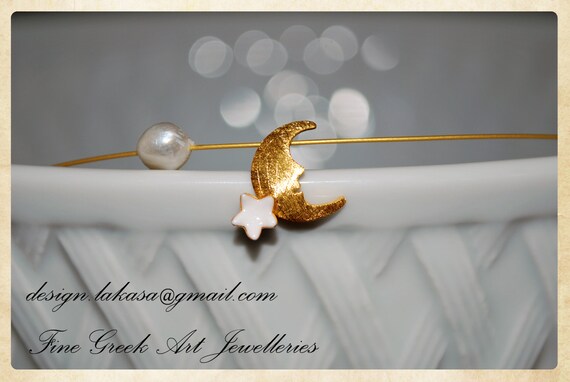 Necklace Moon white Enamel Star Sterling Silver Gold Pearl Handmade Jewelry Sweet Big Dreams Romantic Girl Wishes for you Congratulations