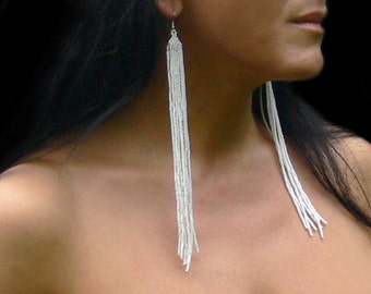 White Earrings. Extra Long Earrings. White Shoulder Duster Earrings. Very Long Fringe Earrings. Beadwork.