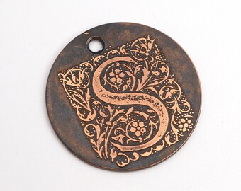 Handmade letter S charm, round flat etched copper initial focal point, 25mm
