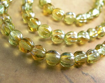 Chrysolite Celsian Czech Glass Melon Beads 5mm Green Round Fluted (50)