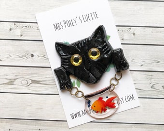 Cat and Fish Bowl Dangle Pin Brooch - Black - Fakelite - Vintage inspired