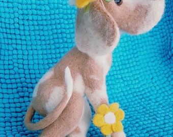 Needle felted wool handmade dog with a hat