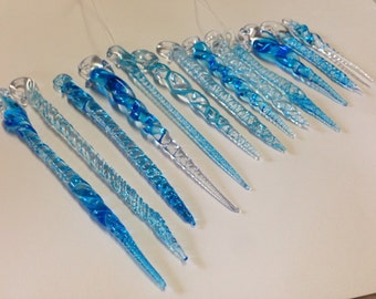 Glass Icicle - Lampwork - Aqua Glass Ornament - Icicle Set (12+1) - Turtle Beads Studio - Artisan Glasswork - Canada - Christmas