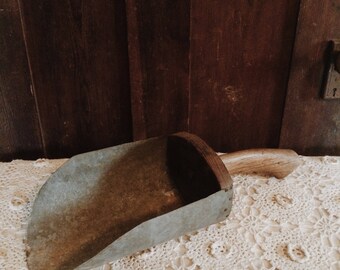 Antique Grain Scoop | Large | Galvanized Metal & Wood