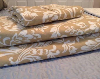 Twin Bed Sheet Set Beige and White Scroll Flat, Fitted & Pillowcase- Tan, Cottage, Cabin, Flea Market, Farm, Sew, Craft Fabric