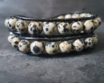 Double Leather Wrap Bracelet - Dalmatian Jasper - Gypsy Jewelry Gypsy Wrap Bracelet Bohemian Jewelry Boho Style Dog Lover Wedding Jewelry